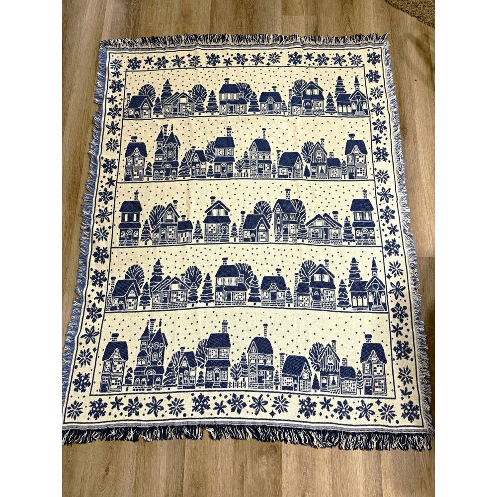 Blue White Winter Village Pictorial Woven Sofa Throw Blanket Fringed 59x47